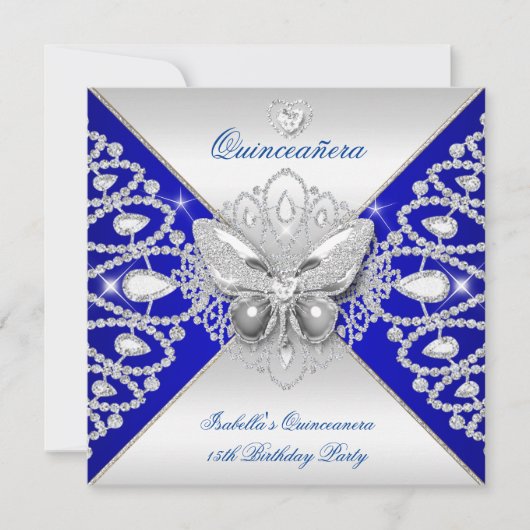 Quinceanera 15th Blue Silver Butterfly Tiara Kaart (Voorkant)