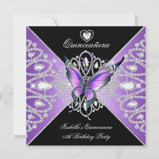 Quinceanera 15th Butterfly Paars Tiara Kaart (Voorkant)