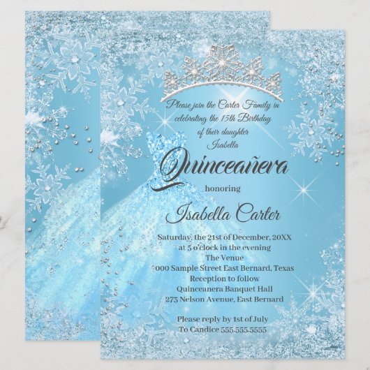 Quinceanera 15th Cinderella Blue Snowflake Winter Kaart (Voorkant / Achterkant)