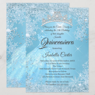 Quinceanera 15th Cinderella Blue Snowflake Winter Kaart
