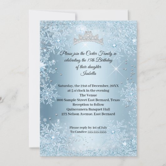 Quinceanera 15th Cinderella Ice Blue Snowflake Kaart (Achterkant)