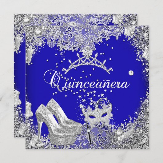 Quinceanera 15th Cobalt Blue Silver Mask Tiara Kaart (Voorkant / Achterkant)