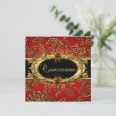 Quinceanera 15th Damask Red Gold Black Kaart (Staand voorkant)