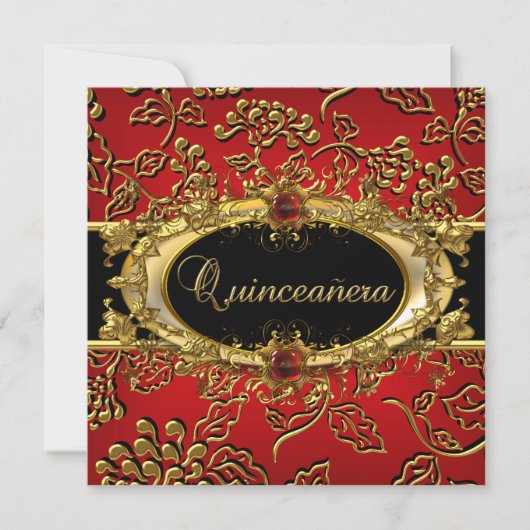 Quinceanera 15th Damask Red Gold Black Kaart (Voorkant)