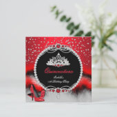 Quinceanera 15th Feather Red Pearl Glamor Heels Kaart (Staand voorkant)