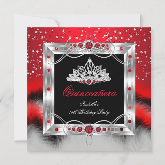 Quinceanera 15th Feather Red Pearl Glamour Kaart (Voorkant)
