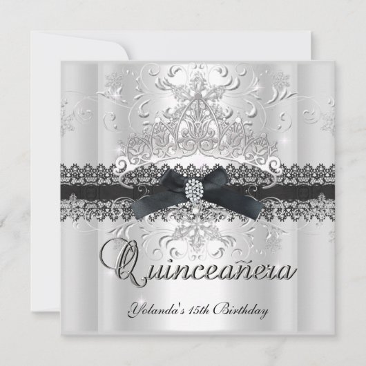 Quinceanera 15th Glitter Tiara Black White Bow Kaart (Voorkant)