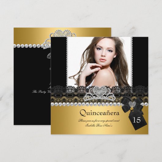 Quinceanera 15th Gold Silver Photo Black Lace Kaart (Voorkant / Achterkant)