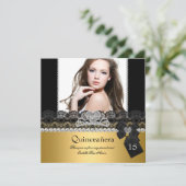Quinceanera 15th Gold Silver Photo Black Lace Kaart (Staand voorkant)