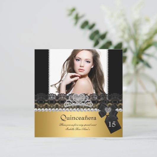 Quinceanera 15th Gold Silver Photo Black Lace Kaart (Staand voorkant)