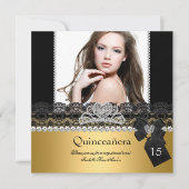 Quinceanera 15th Gold Silver Photo Black Lace Kaart (Voorkant)