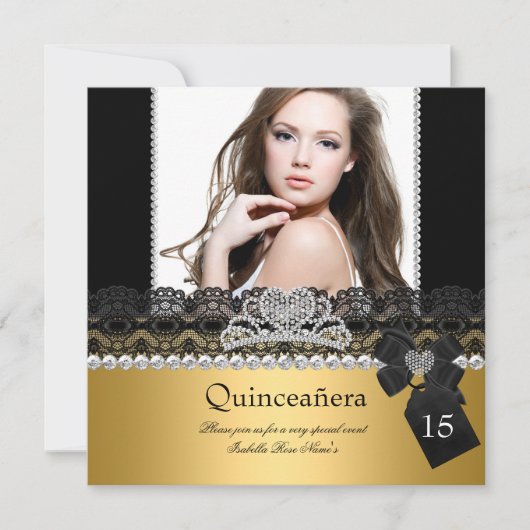 Quinceanera 15th Gold Silver Photo Black Lace Kaart (Voorkant)
