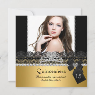 Quinceanera 15th Gold Silver Photo Black Lace Kaart