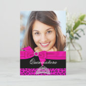 Quinceanera 15th Hot Pink Black Leopard Foto Kaart (Staand voorkant)