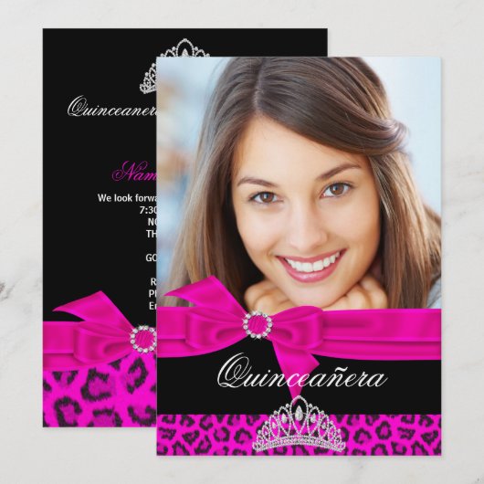 Quinceanera 15th Hot Pink Black Leopard Foto Kaart (Voorkant / Achterkant)