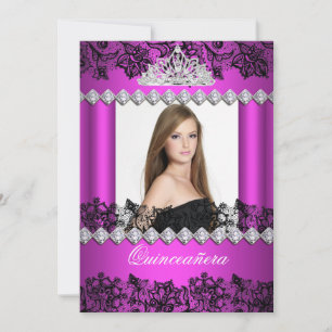 Quinceanera 15th Hot Pink Black White Lace Foto Kaart