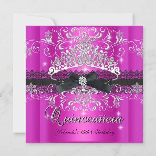 Quinceanera 15th Hot Pink Glitter Tiara Silver Kaart (Voorkant)