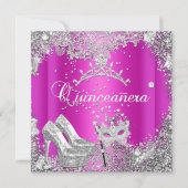 Quinceanera 15th Hot Pink Silver Mask Tiara Kaart (Voorkant)