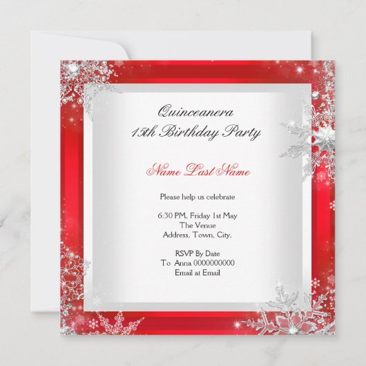 Quinceanera 15th Hot Red Silver Birthday Kaart (Achterkant)