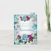 Quinceanera 15th Invite Blauwgroen Blue White Roze (Voorkant)
