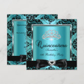 Quinceanera 15th Party Blauwgroen Damask Silver Bl Kaart (Voorkant / Achterkant)