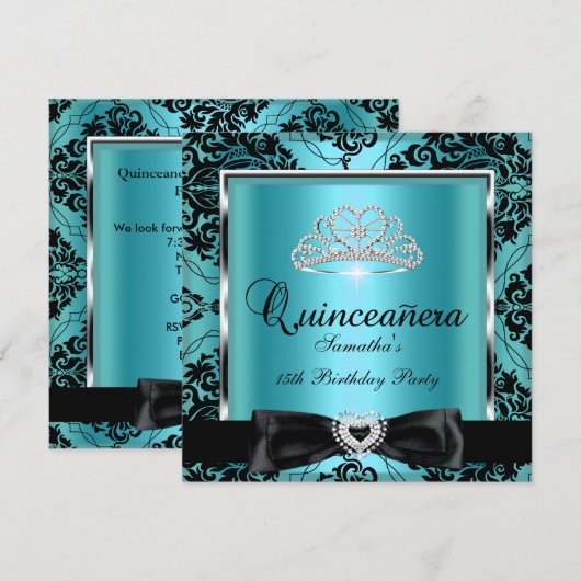 Quinceanera 15th Party Blauwgroen Damask Silver Bl Kaart (Voorkant / Achterkant)