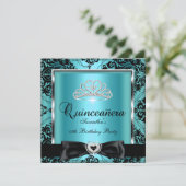 Quinceanera 15th Party Blauwgroen Damask Silver Bl Kaart (Staand voorkant)