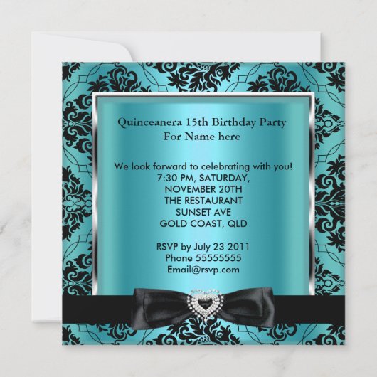 Quinceanera 15th Party Blauwgroen Damask Silver Bl Kaart (Achterkant)