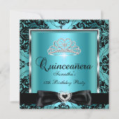 Quinceanera 15th Party Blauwgroen Damask Silver Bl Kaart (Voorkant)