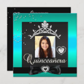 Quinceanera 15th Party Blauwgroen Silver Black Kaart (Voorkant / Achterkant)