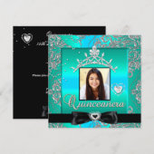 Quinceanera 15th Party Blauwgroen Silver Damask Fo Kaart (Voorkant / Achterkant)