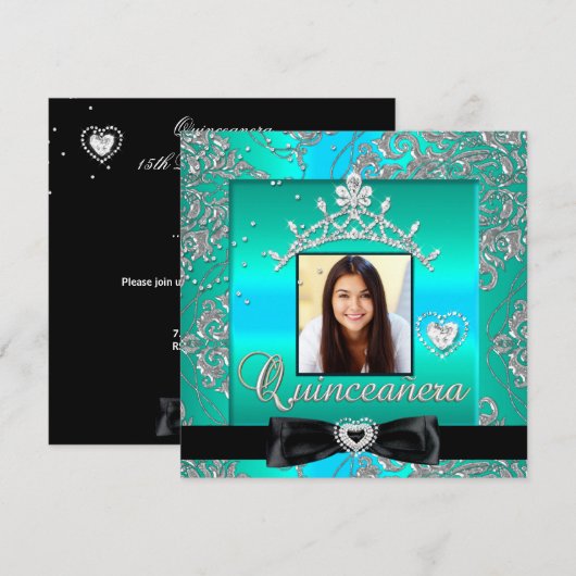 Quinceanera 15th Party Blauwgroen Silver Damask Fo Kaart (Voorkant / Achterkant)