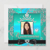 Quinceanera 15th Party Blauwgroen Silver Damask Fo Kaart (Voorkant)