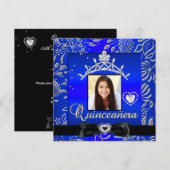Quinceanera 15th Party Blue Silver Damask Foto Kaart (Voorkant / Achterkant)