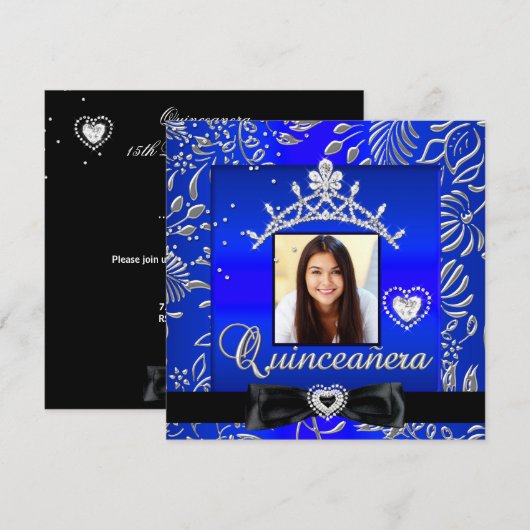 Quinceanera 15th Party Blue Silver Damask Foto Kaart (Voorkant / Achterkant)