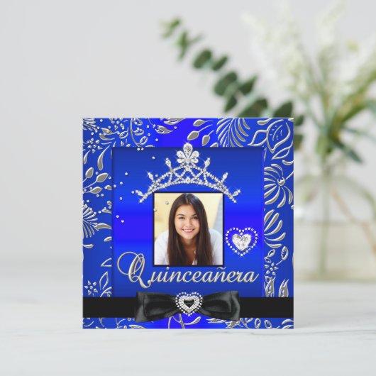 Quinceanera 15th Party Blue Silver Damask Foto Kaart (Staand voorkant)