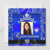 Quinceanera 15th Party Blue Silver Damask Foto Kaart (Voorkant)