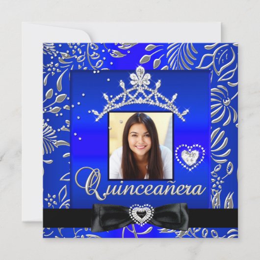 Quinceanera 15th Party Blue Silver Damask Foto Kaart (Voorkant)