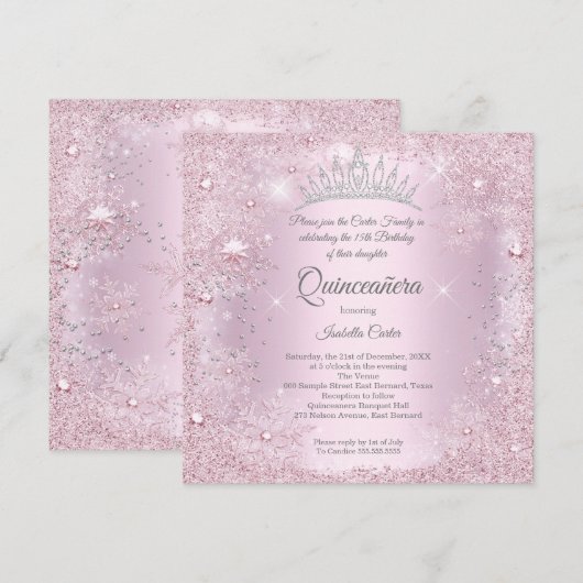 Quinceanera 15th Party Blush Pink Snowflake Winter Kaart (Voorkant / Achterkant)