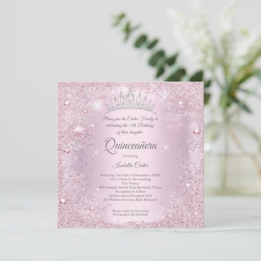 Quinceanera 15th Party Blush Pink Snowflake Winter Kaart (Staand voorkant)