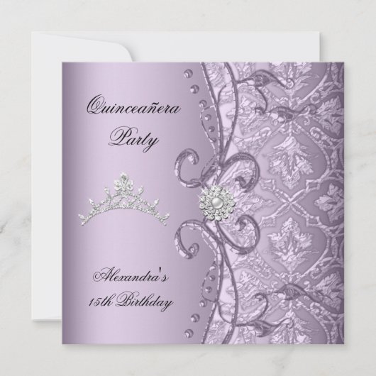 Quinceanera 15th Party Damask Lila Jewel Afbeeldin Kaart (Voorkant)