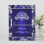 Quinceanera 15th Party Dark Blue Damask Silver Kaart (Staand voorkant)