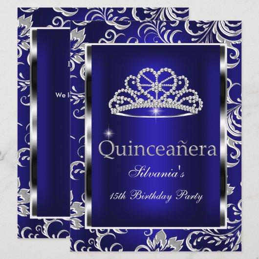 Quinceanera 15th Party Dark Blue Damask Silver Kaart (Voorkant / Achterkant)