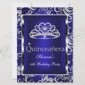 Quinceanera 15th Party Dark Blue Damask Silver Kaart (Voorkant)