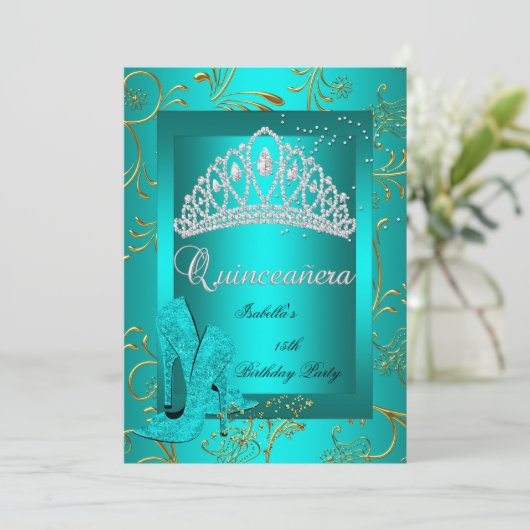 Quinceañera 15th Party Gold Blauwgroen Glitter loo Kaart (Staand voorkant)