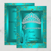 Quinceañera 15th Party Gold Blauwgroen Glitter loo Kaart (Voorkant / Achterkant)