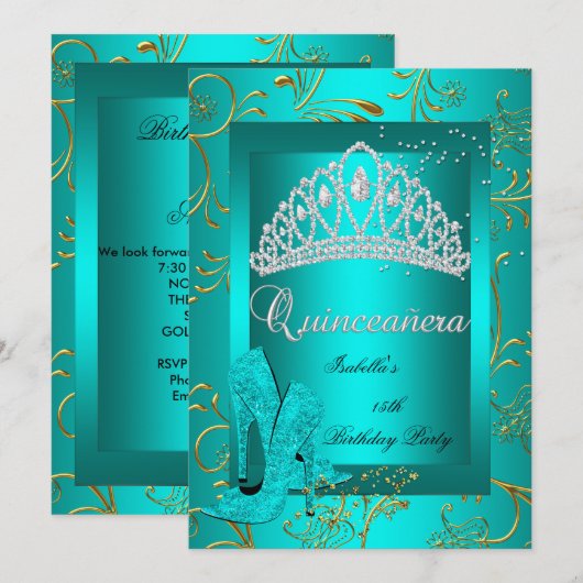 Quinceañera 15th Party Gold Blauwgroen Glitter loo Kaart (Voorkant / Achterkant)