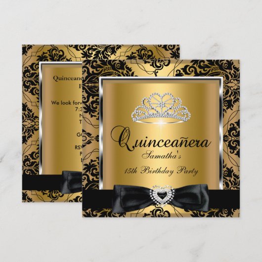 Quinceanera 15th Party Gold Damask Silver Black Kaart (Voorkant / Achterkant)
