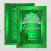Quinceañera 15th Party Gold Green Glitter look Kaart (Voorkant / Achterkant)