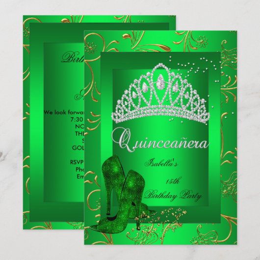 Quinceañera 15th Party Gold Green Glitter look Kaart (Voorkant / Achterkant)